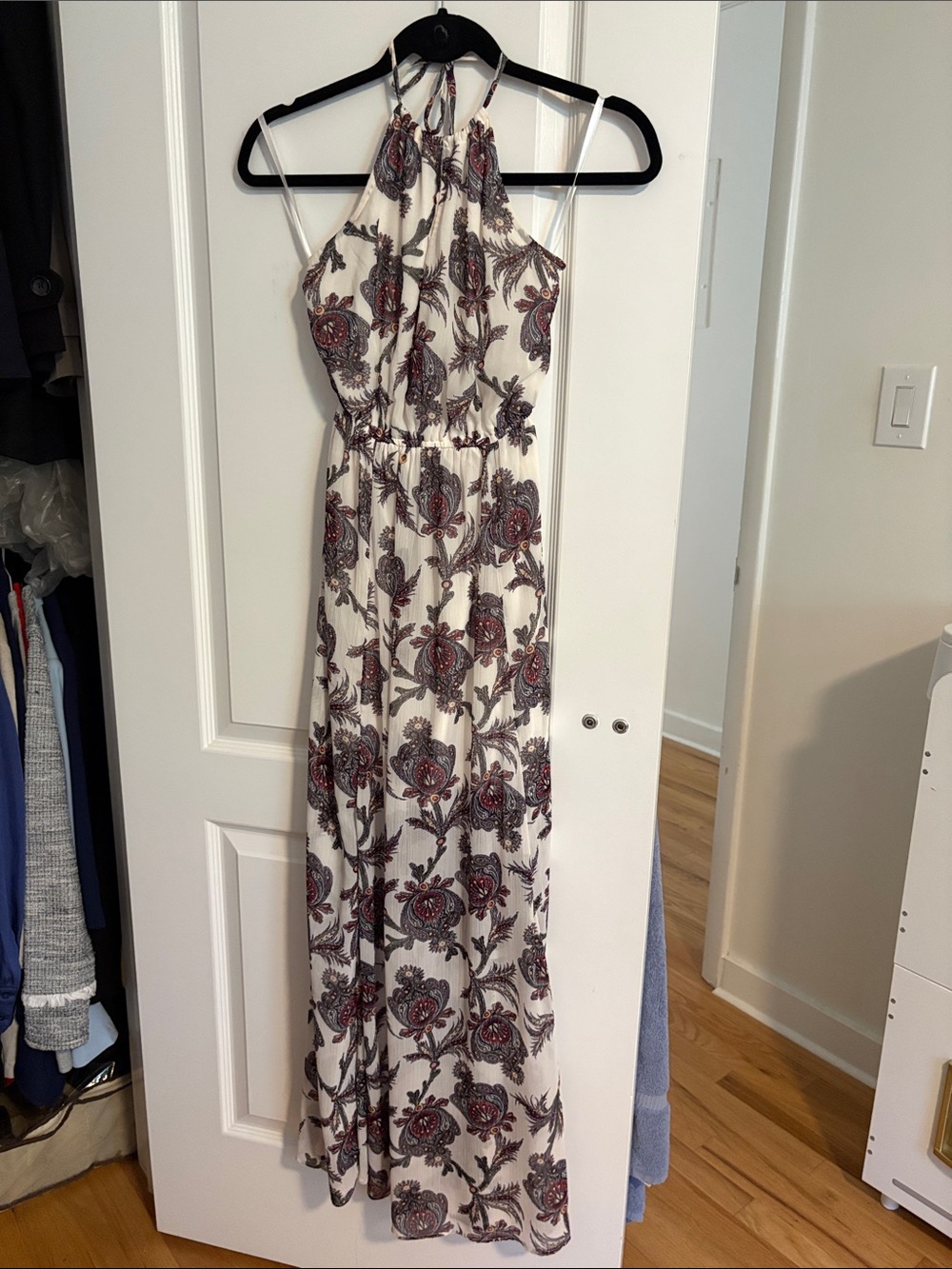 Boho Halter Maxi Dress - Cream with Burgundy Floral Print